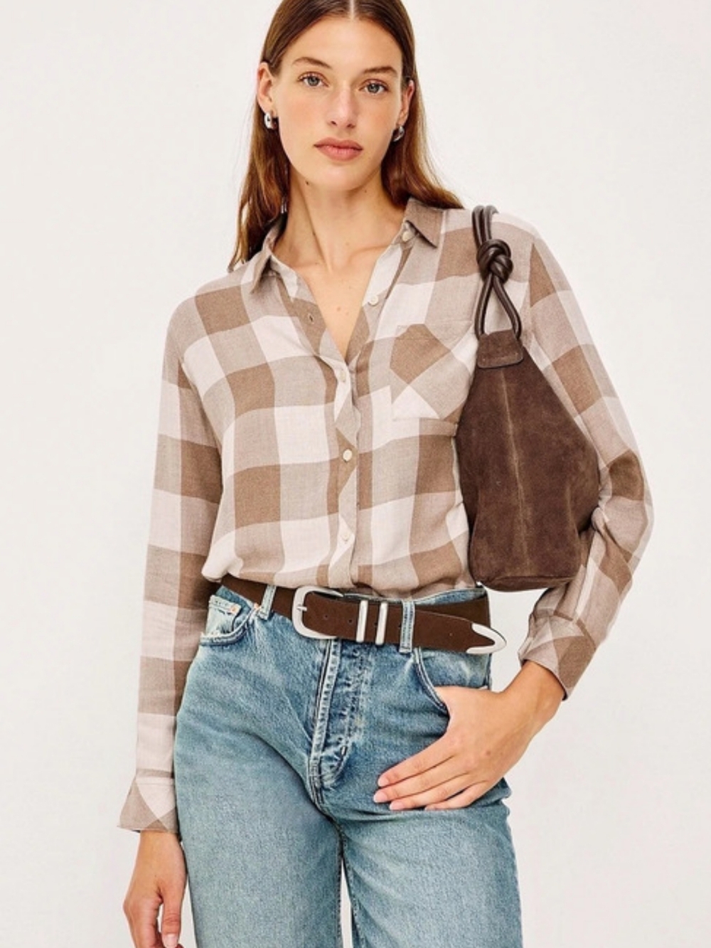 Maurices Plaid Button Down Shirt in Brown & White Size XS Like New